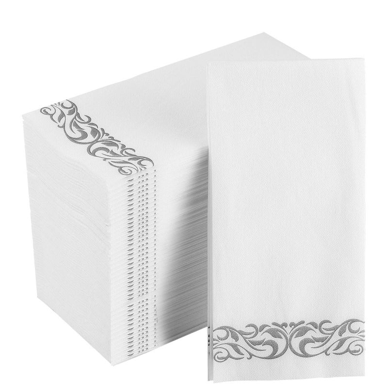 FOCUSLINE 200 Linen Feel Disposable Bathroom Napkins, Soft and Absorbent Paper Guest Towels, Cloth-Like Paper Hand Towels Decorative Napkins for Parties, Weddings, Dinners or Events, Silver, 12" x 17" - Image 1